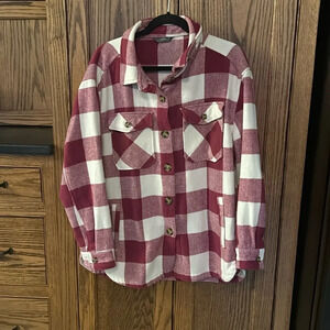 Women's Burgundy and White Checkered Utility Jacket